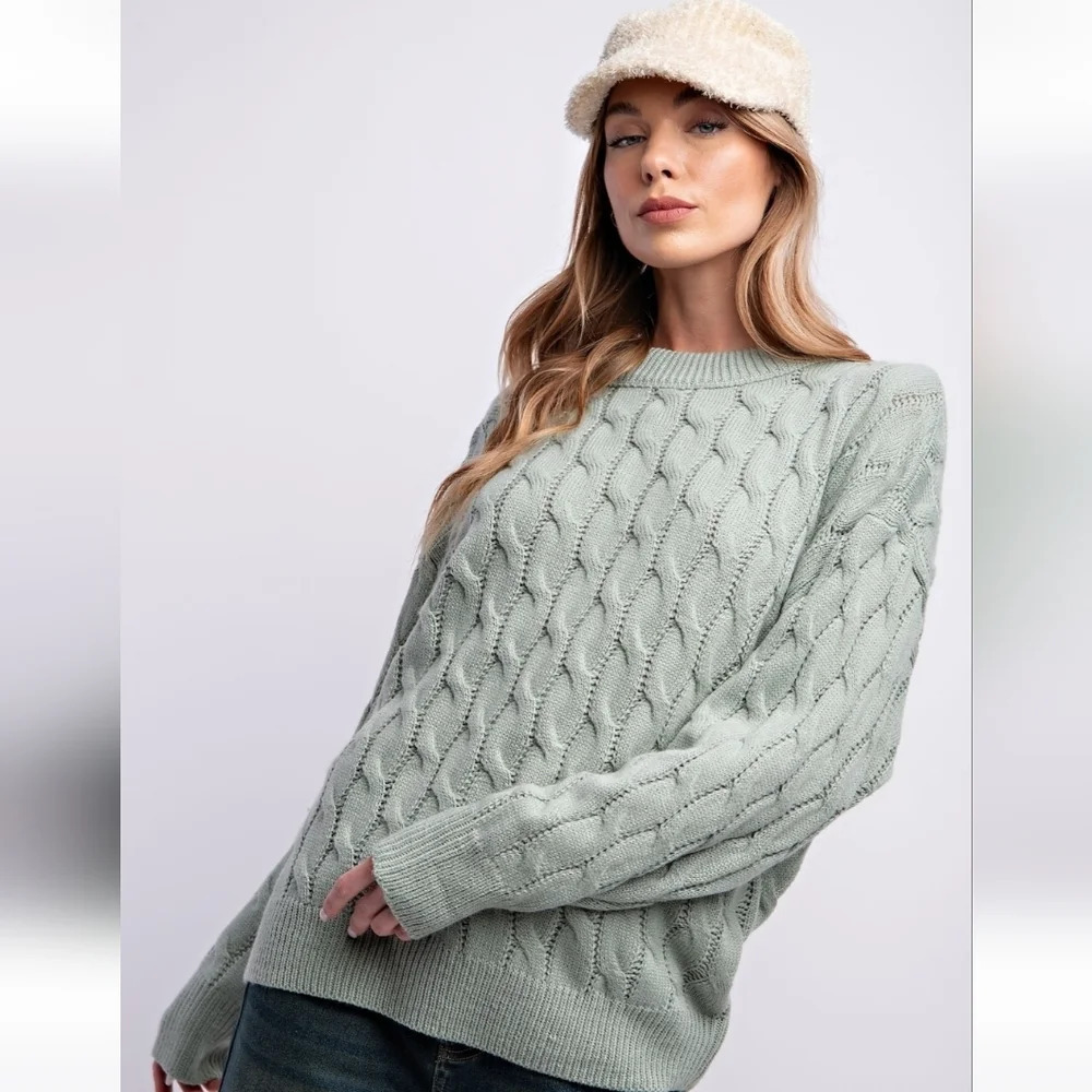 New! Easel Green Cable Knit Sweater S